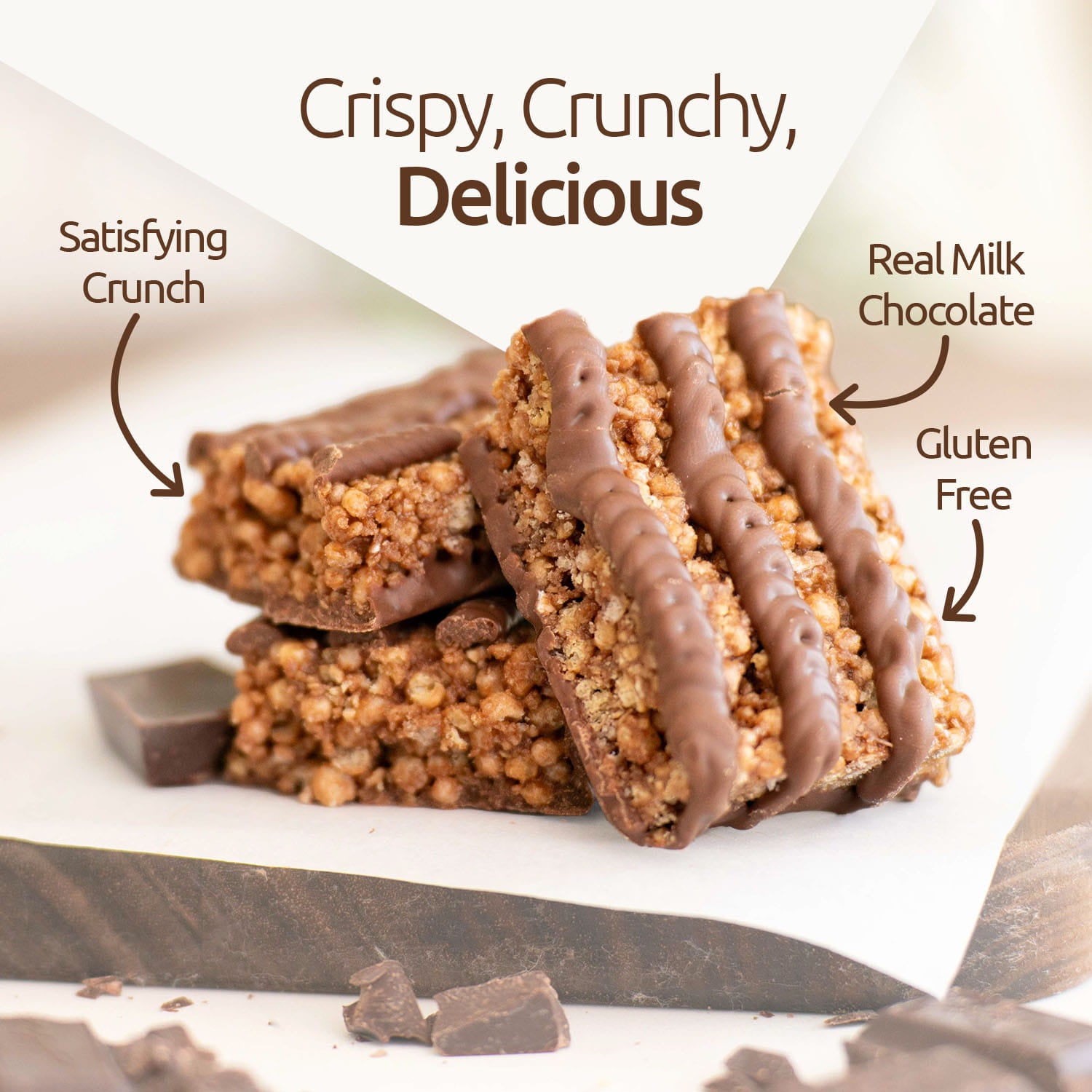 Chocolate-covered crispy Original bar with text highlighting features on a white background