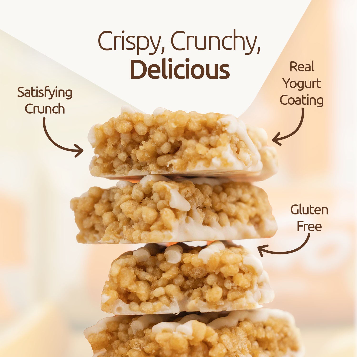 Stack of NuGo Original bars with text highlighting features like 'Crispy, Crunchy, Delicious', 'Real Yogurt Coating', and 'Gluten Free'.