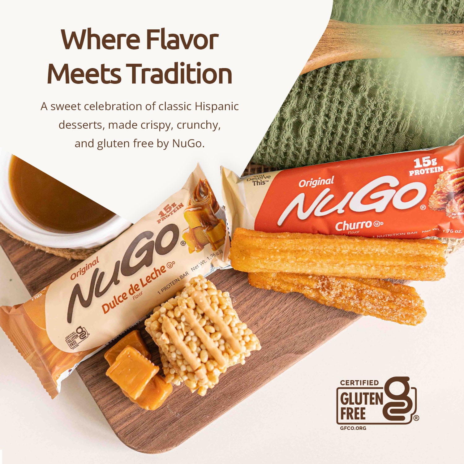 NuGo snack bars on a wooden board with text about flavor and tradition.