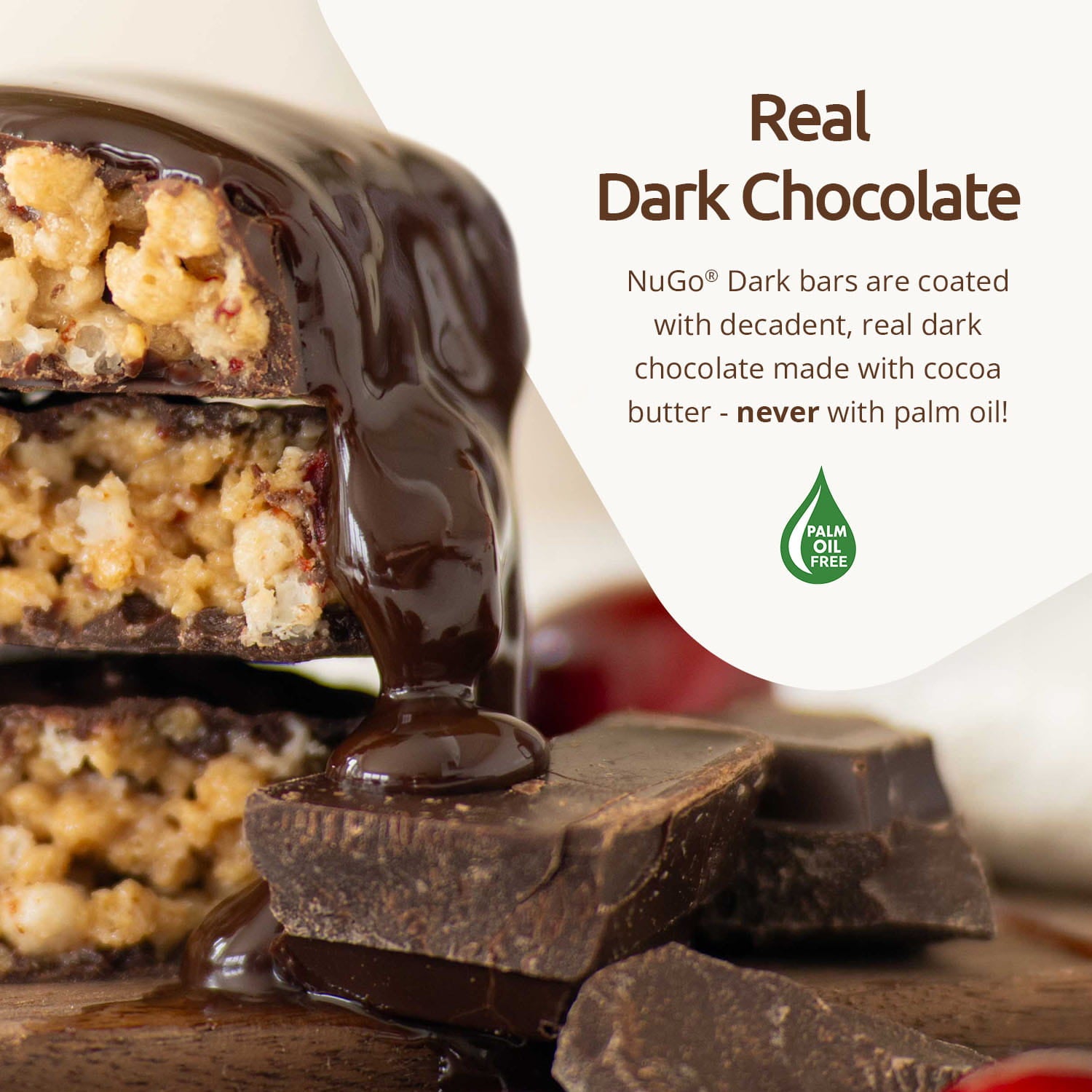 Dark chocolate bars with a focus on NuGo Dark chocolate, highlighting palm oil free.