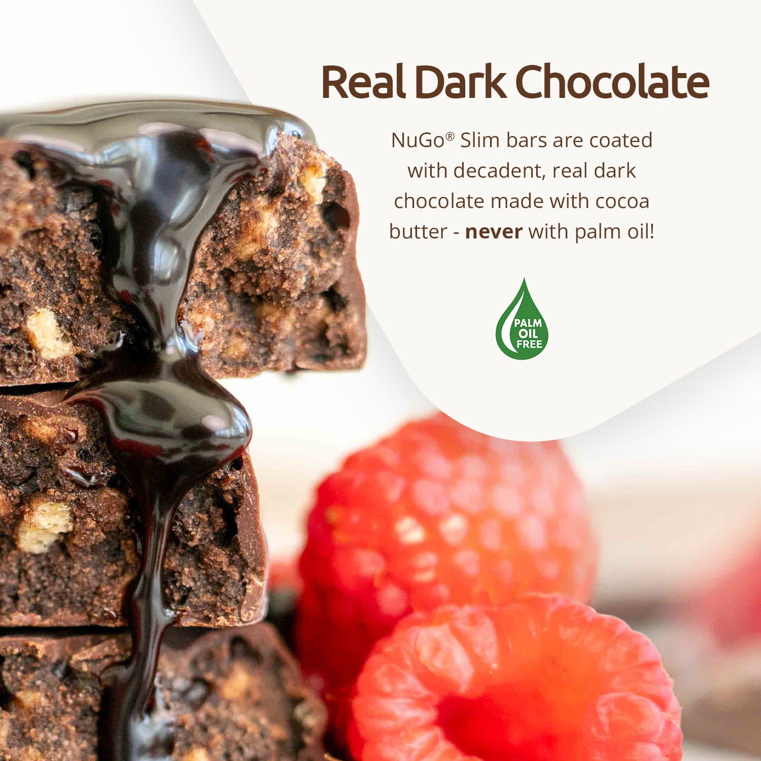 NuGo Slim bars with dark chocolate coating and raspberries on a white background