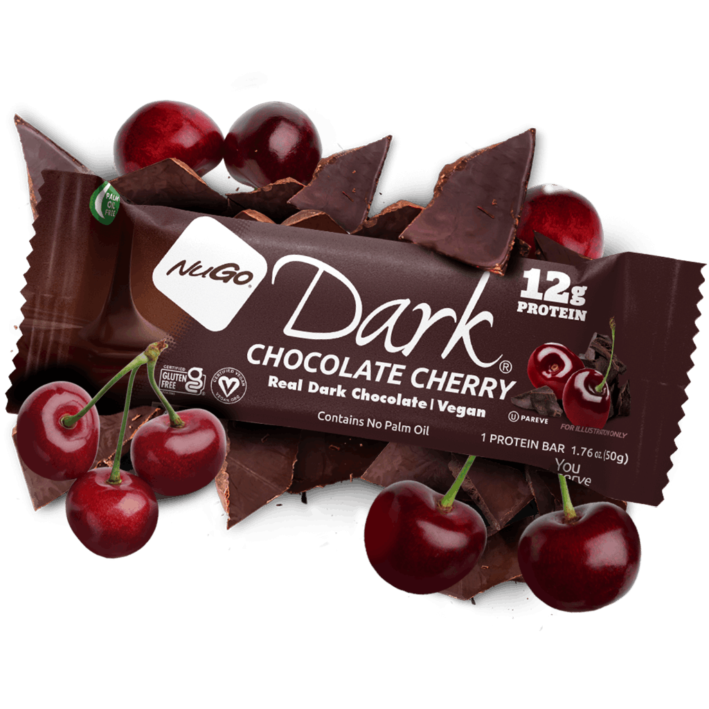 NuGo Dark Chocolate Cherry protein bar with cherries