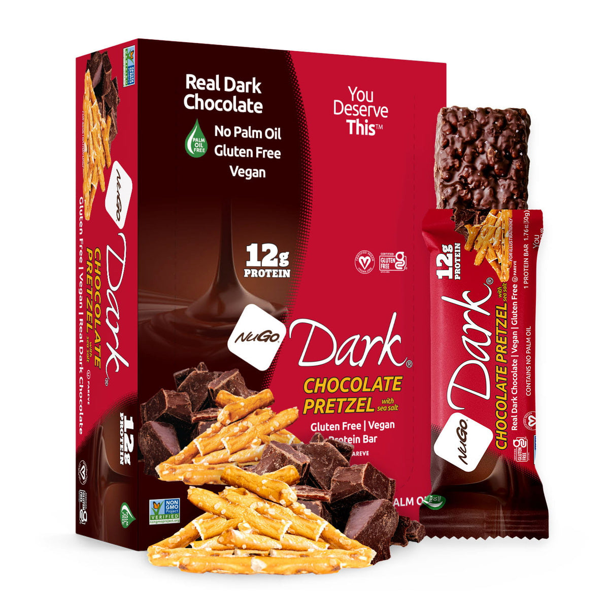 NuGo Dark Chocolate Pretzel box and bar packaging
