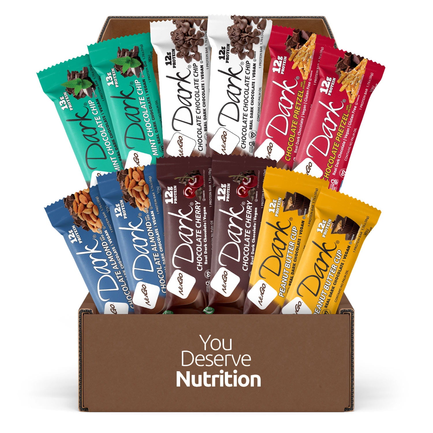A box of 12 NuGo Dark chocolate bars in multiple flavors, arranged in a brown cardboard box with the text 'You Deserve Nutrition' printed on the front.