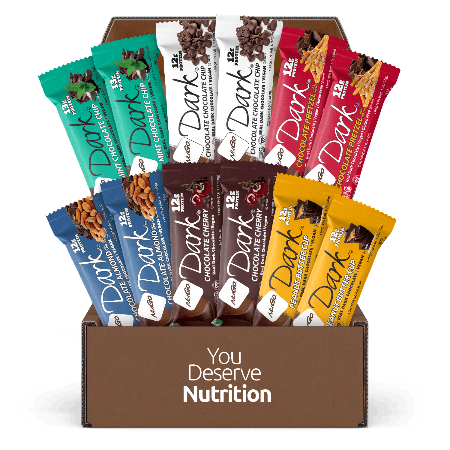 A box of 12 NuGo Dark chocolate bars in multiple flavors, arranged in a brown cardboard box with the text 'You Deserve Nutrition' printed on the front.