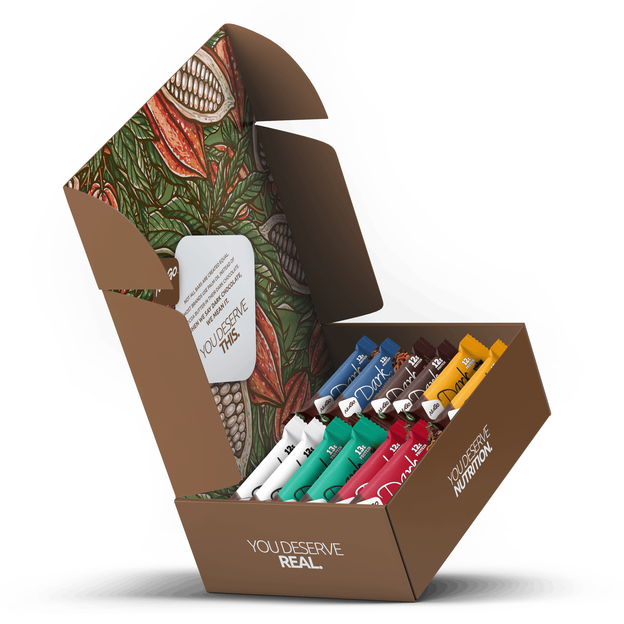 12 Bar NuGo Dark Variety box open and on a white background