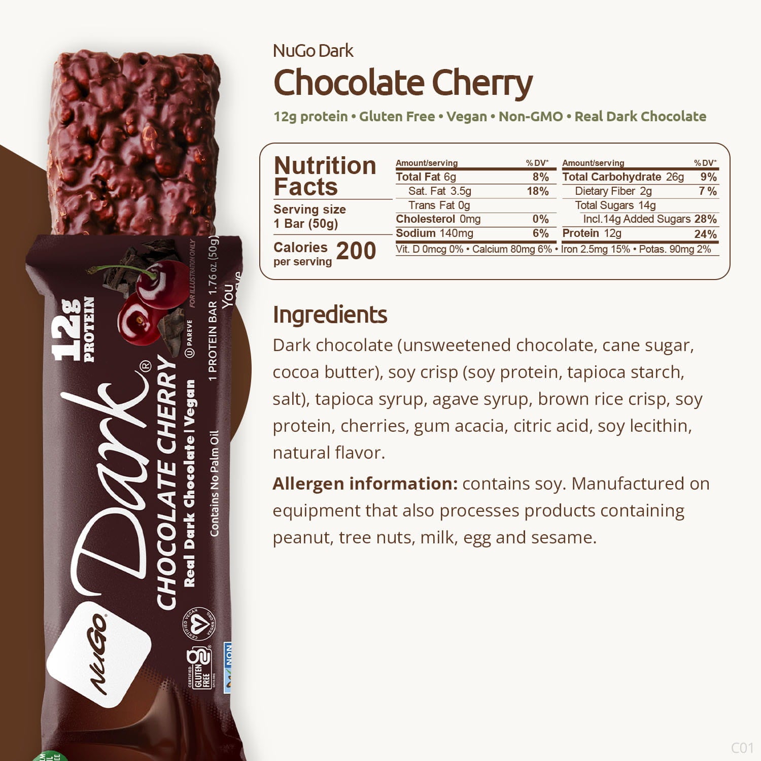 NuGo Dark Chocolate Cherry protein bar with nutrition facts and ingredients listed.