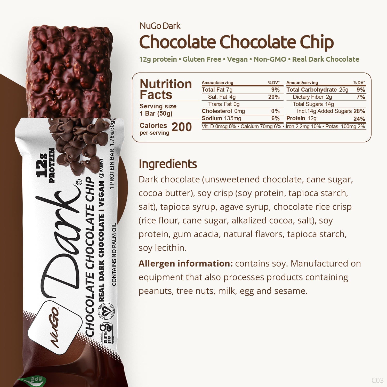 NuGo Dark Chocolate Chocolate Chip protein bar packaging with nutrition facts and ingredients listed.