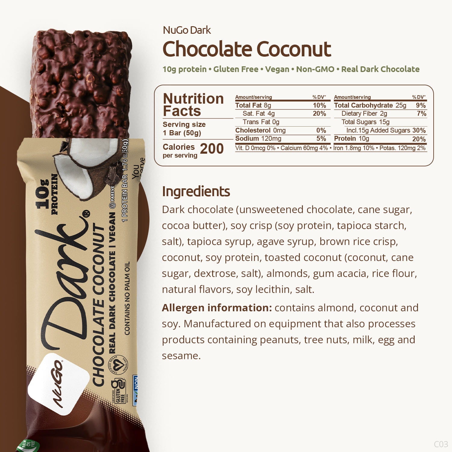 NuGo Dark Chocolate Coconut protein bar with nutrition facts and ingredients listed.