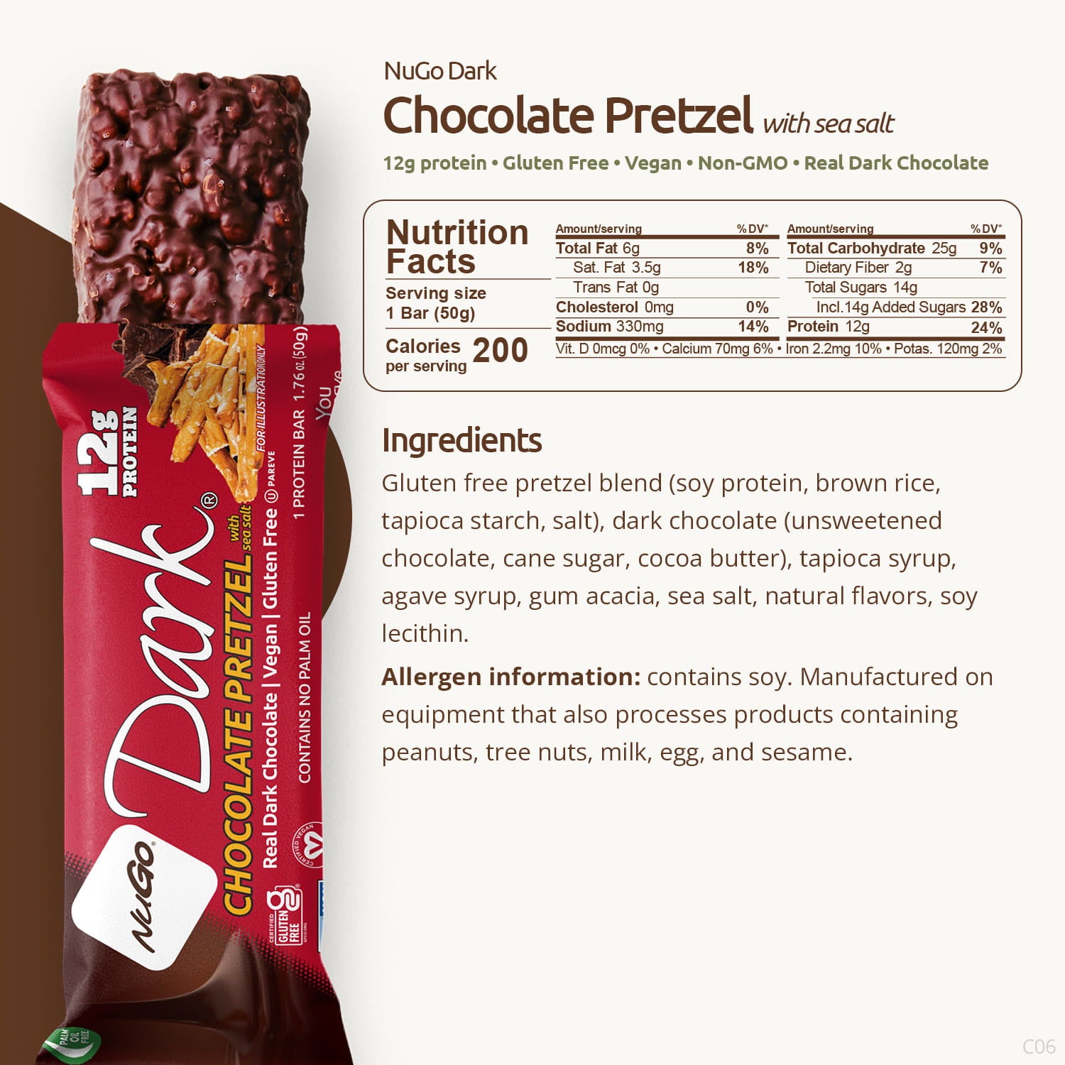 NuGo Dark Chocolate Pretzel bar Nutrition Facts and Ingredients