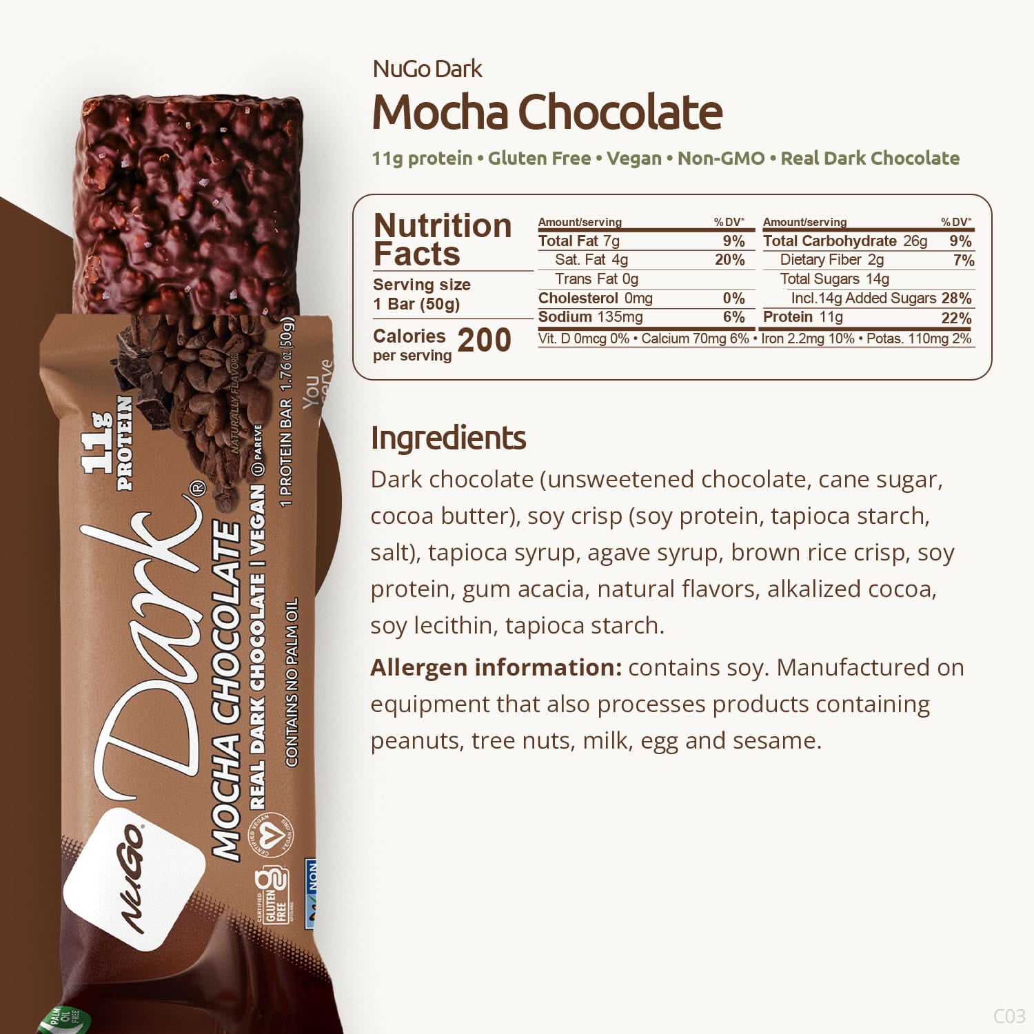 NuGo Dark Mocha Chocolate protein bar packaging with nutrition facts and ingredients listed.