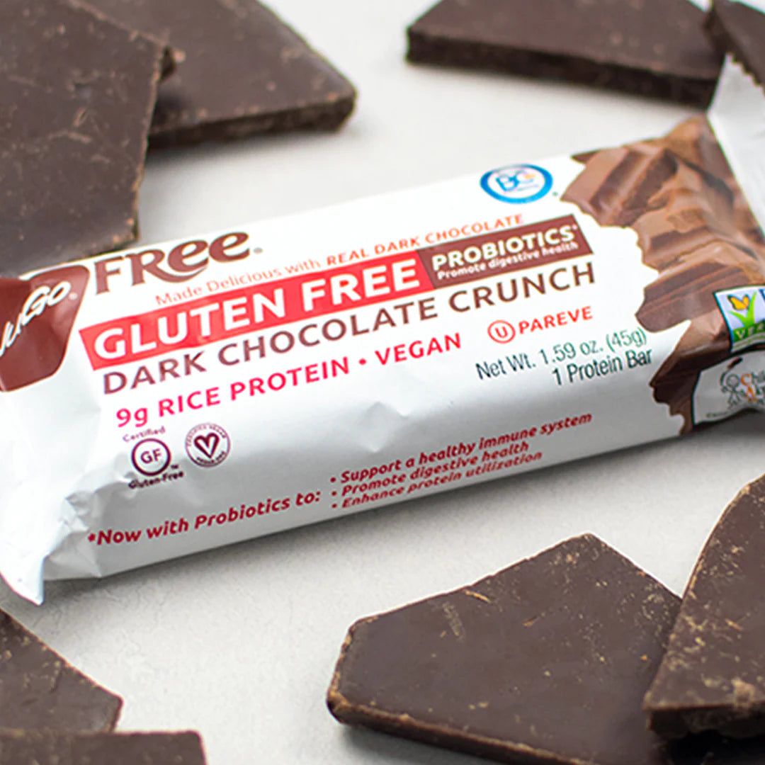 Close up of NuGo Free Dark Chocolate Crunch with Chocolate pieces on sides