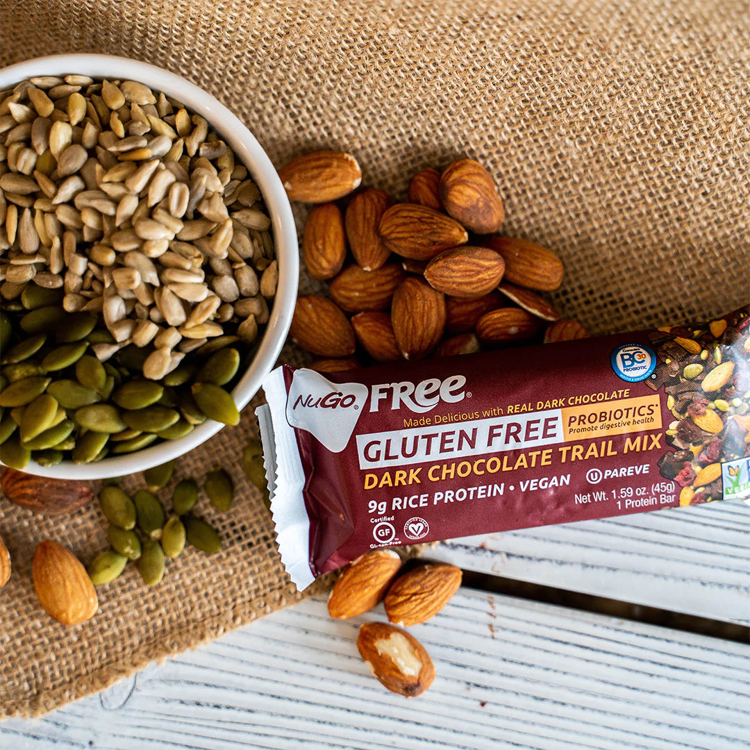 NuGo Free Trail Mix Bar next to a bowl of trail mix