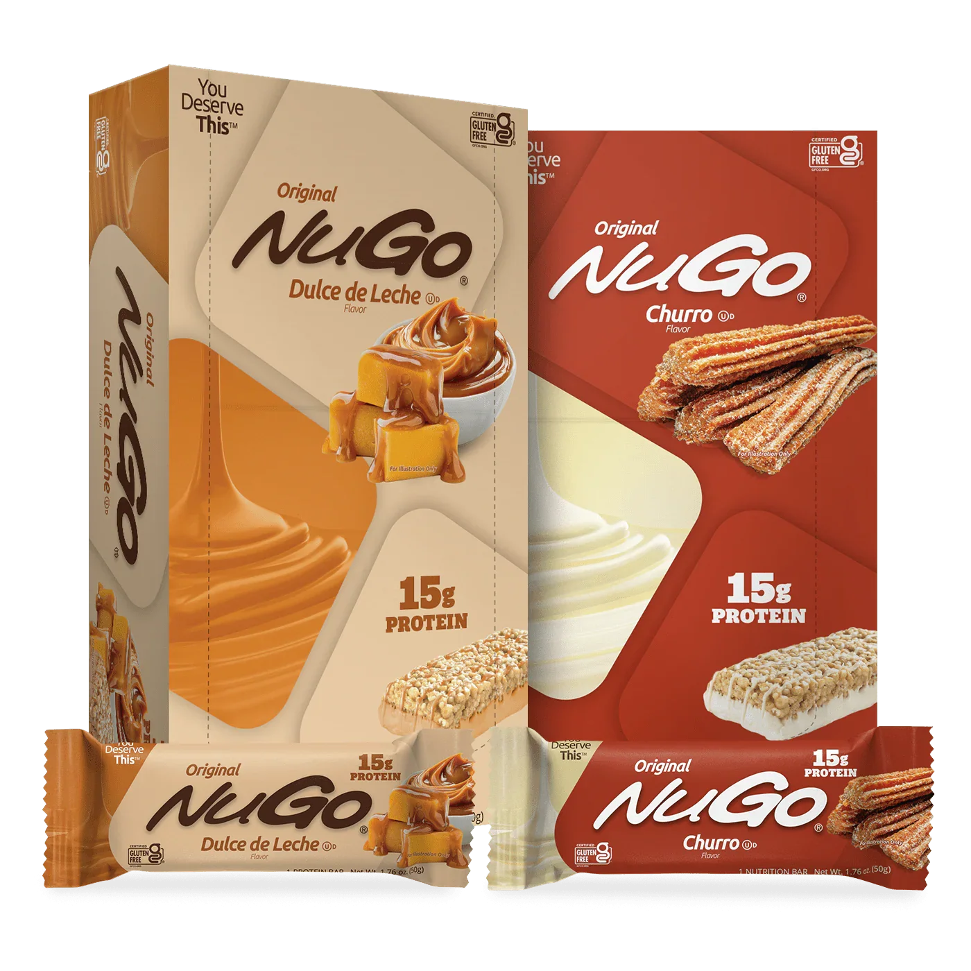 Two NuGo protein bar packages, one for Dulce de Leche and the other for Churro.