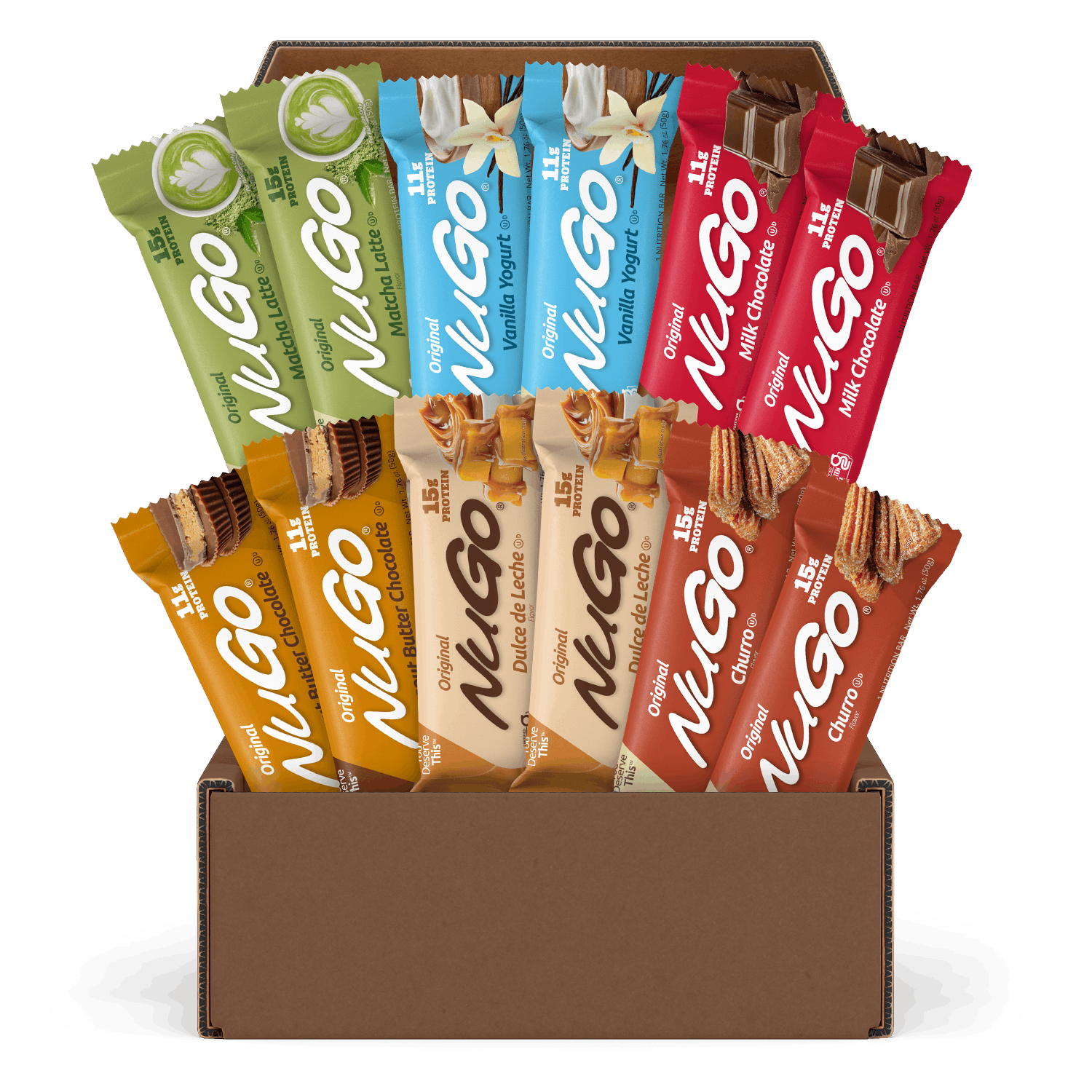 A box of 12 NuGo Original bars in assorted flavors, arranged neatly in a brown cardboard box against a white background.
