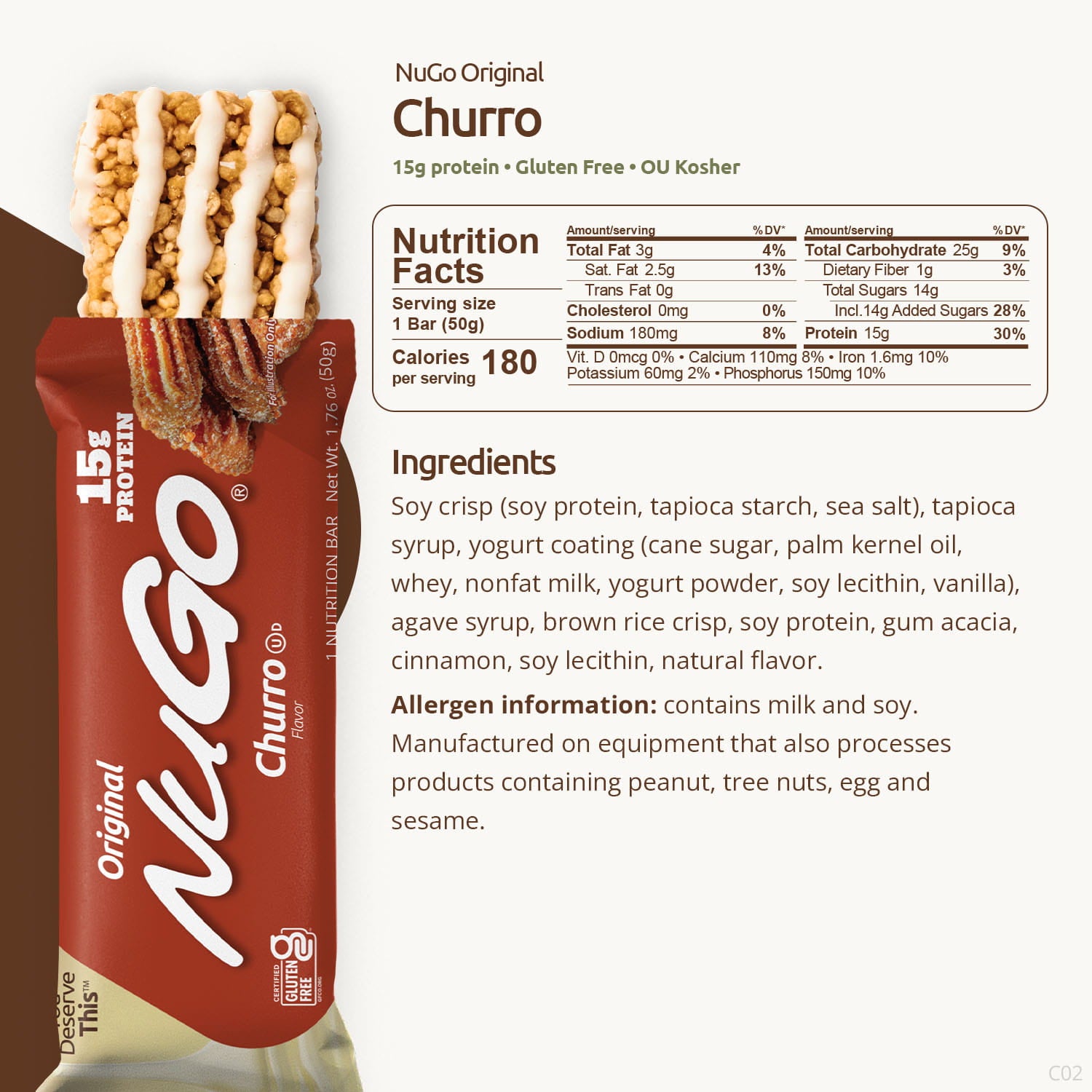 NuGo Churro protein bar packaging with nutrition facts and ingredients listed.
