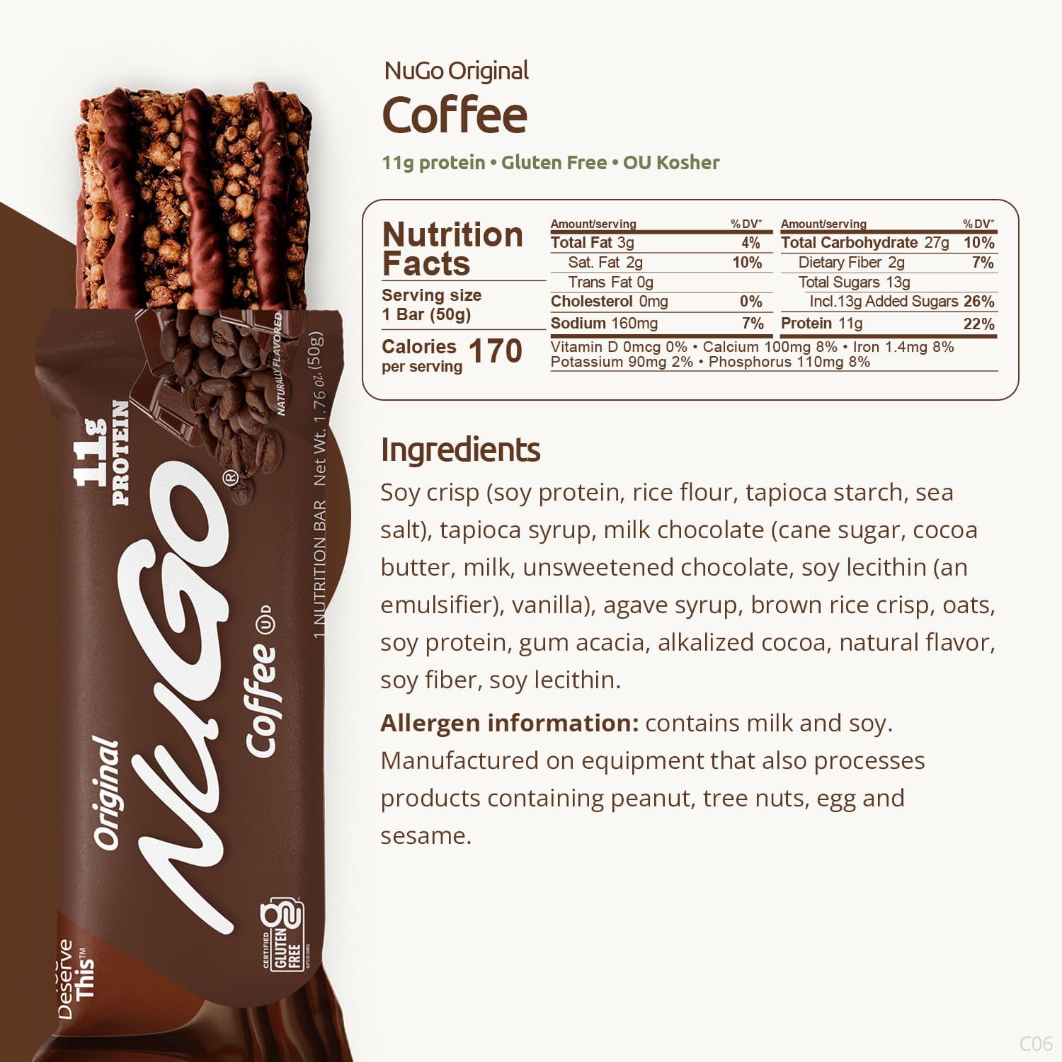 NuGo Coffee protein bar with nutrition facts and ingredients listed