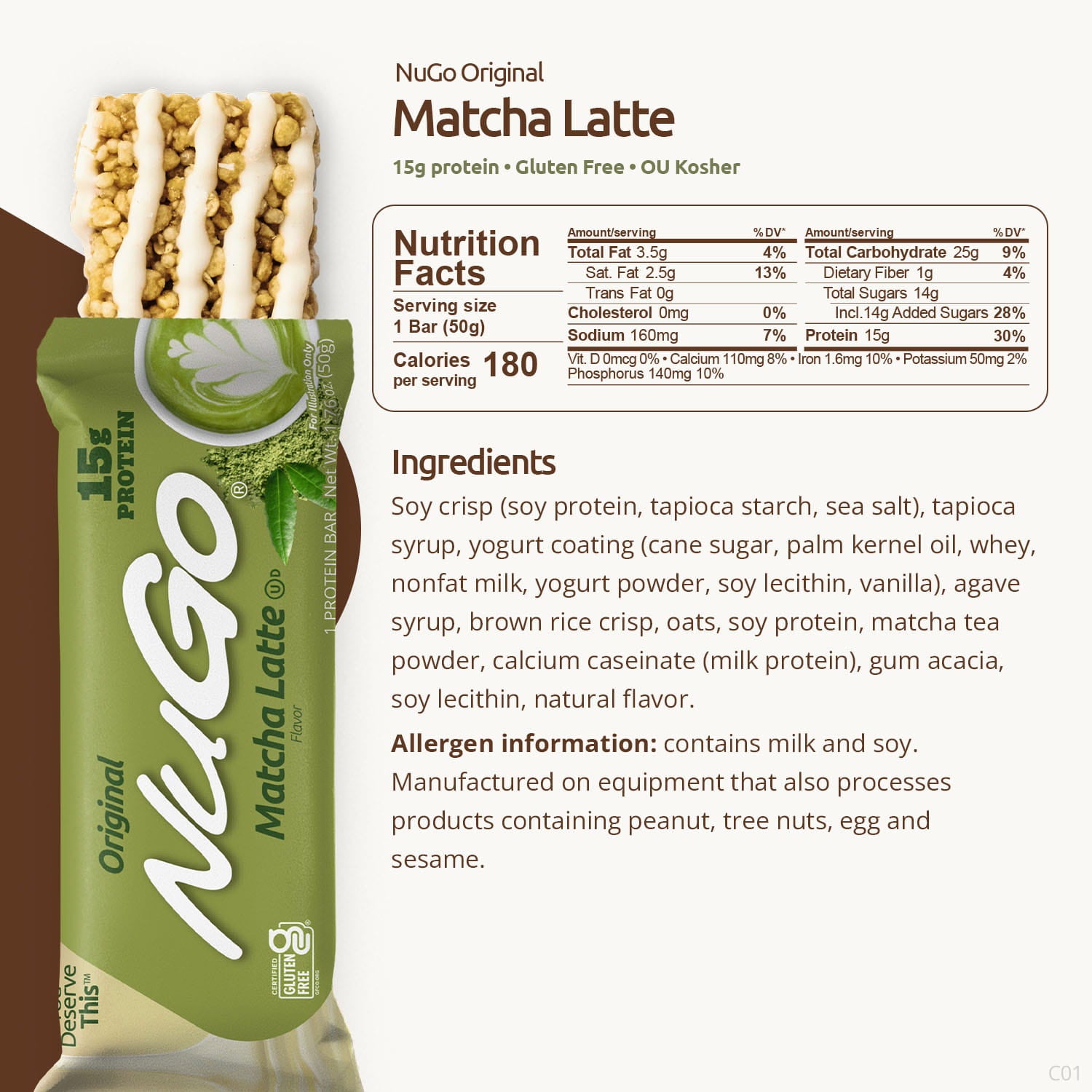 NuGo Matcha Latte protein bar with packaging, nutrition facts, and ingredients listed.