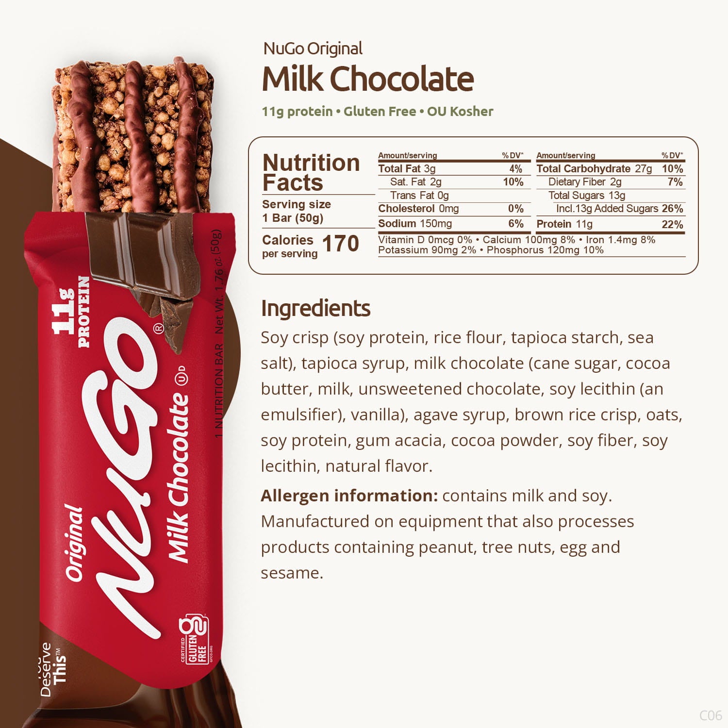 NuGo Original Milk Chocolate protein bar with nutrition facts and ingredients listed.
