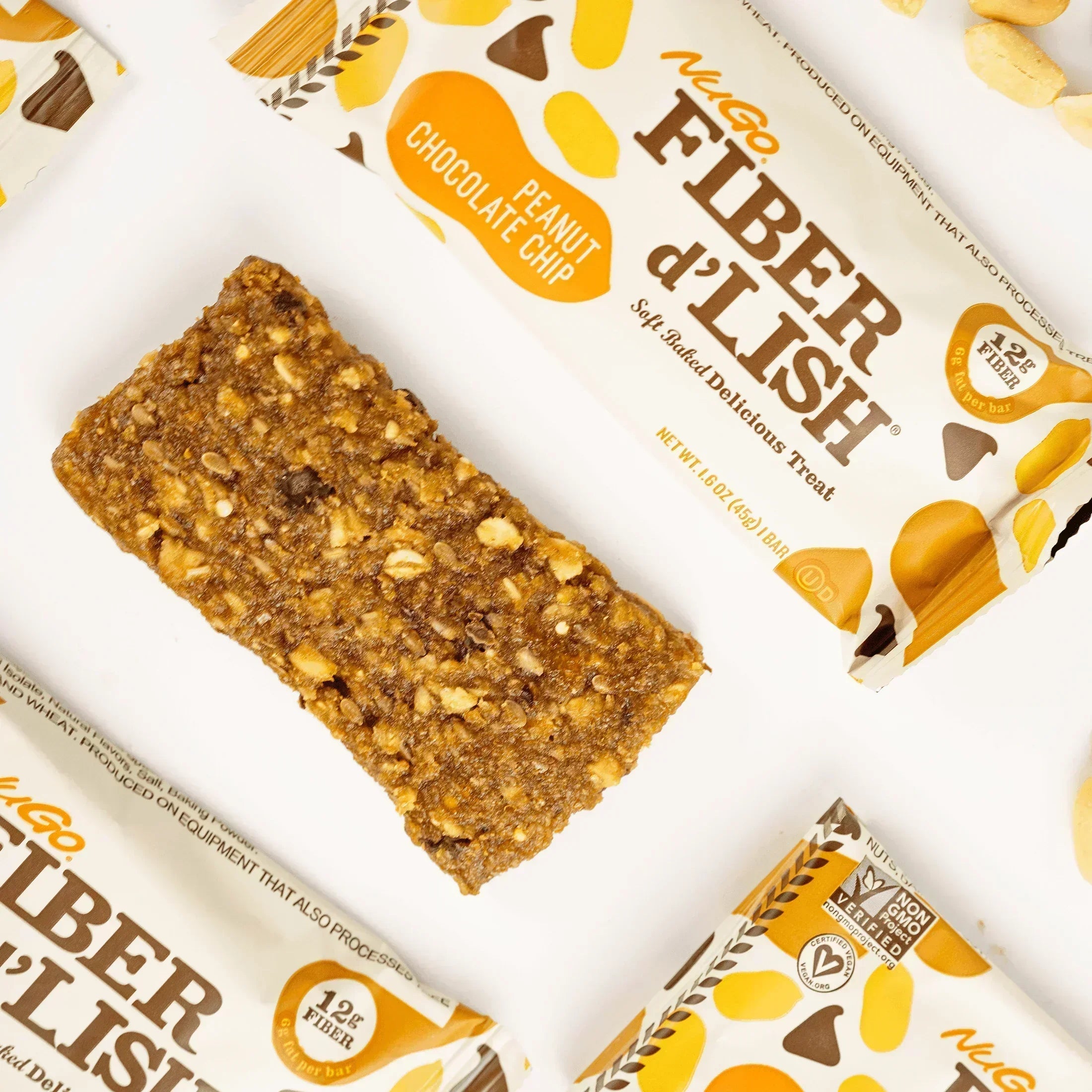 NuGo Fiber Peanut Chocolate Chip bar out of the wrapper