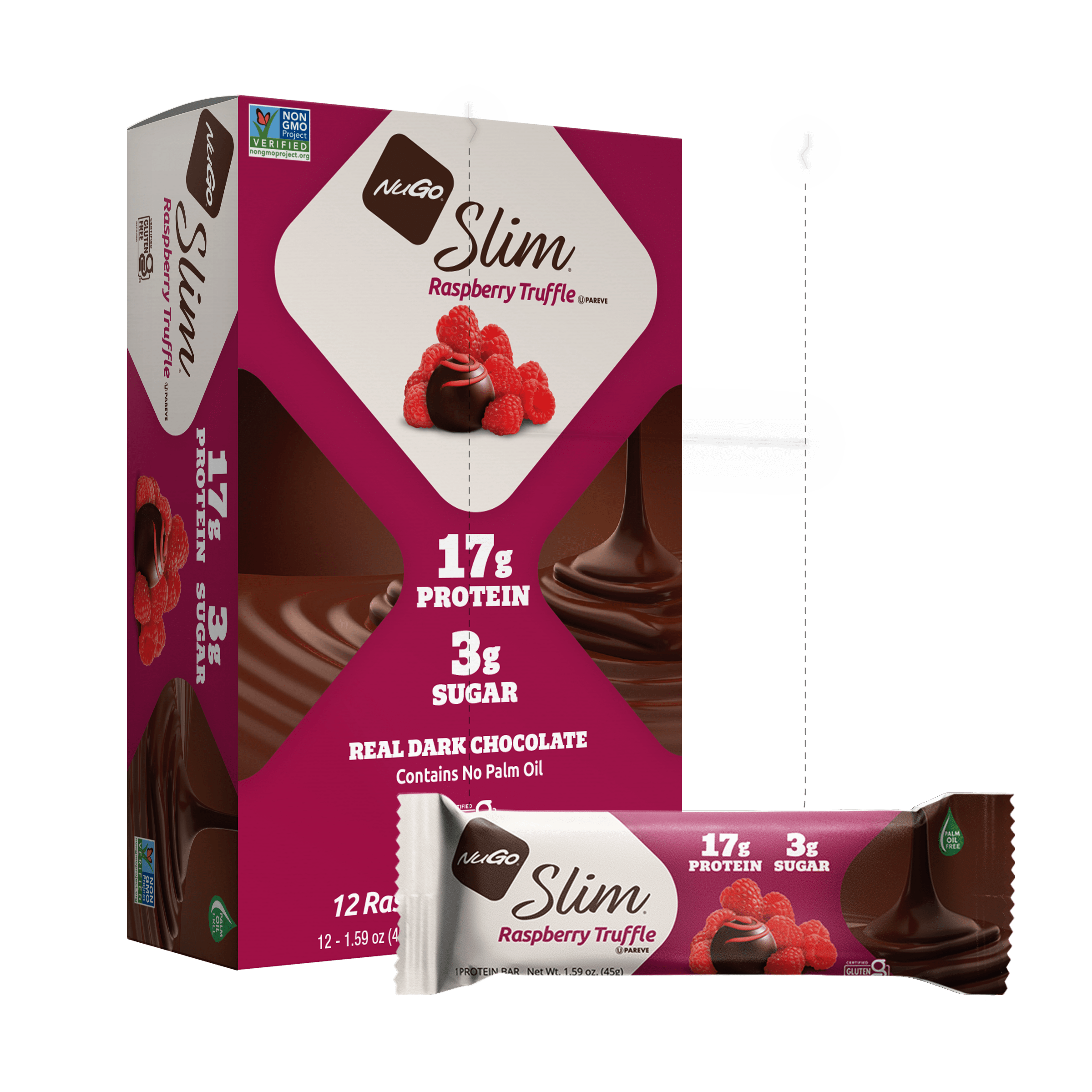 NuGo Slim Raspberry Truffle packaging with a single bar