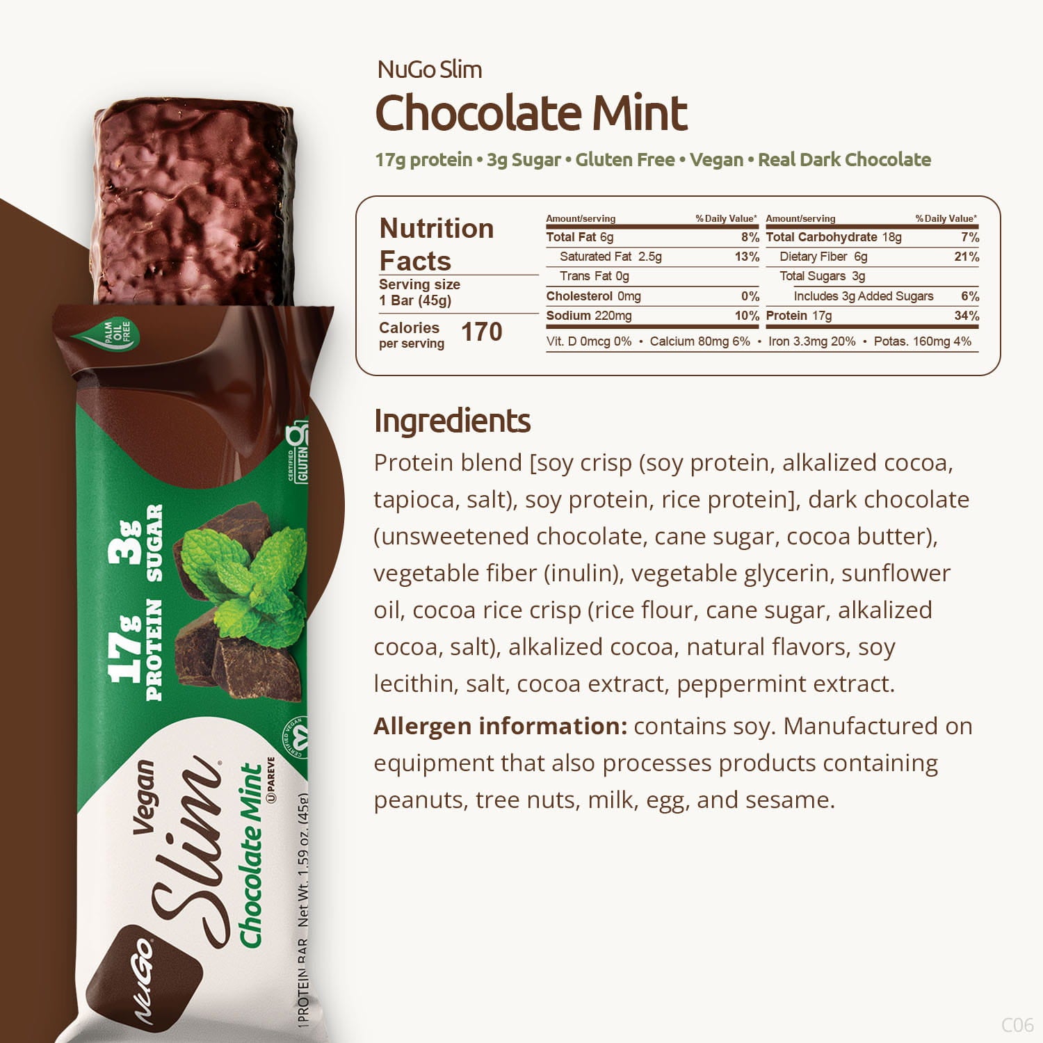 NuGo Slim Chocolate Mint protein bar with packaging, nutrition facts, and ingredients listed.