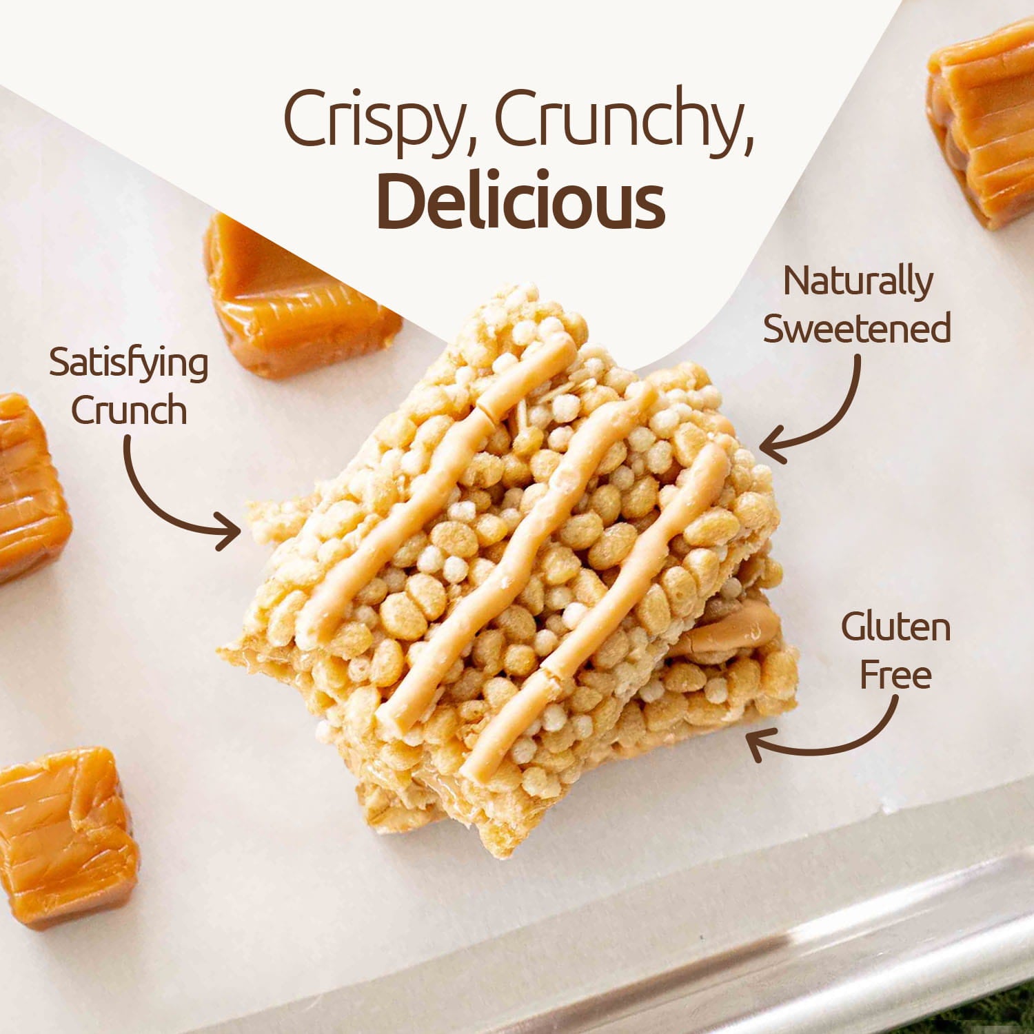 Crispy NuGo bar with caramel drizzle on a white background, featuring text about its qualities.