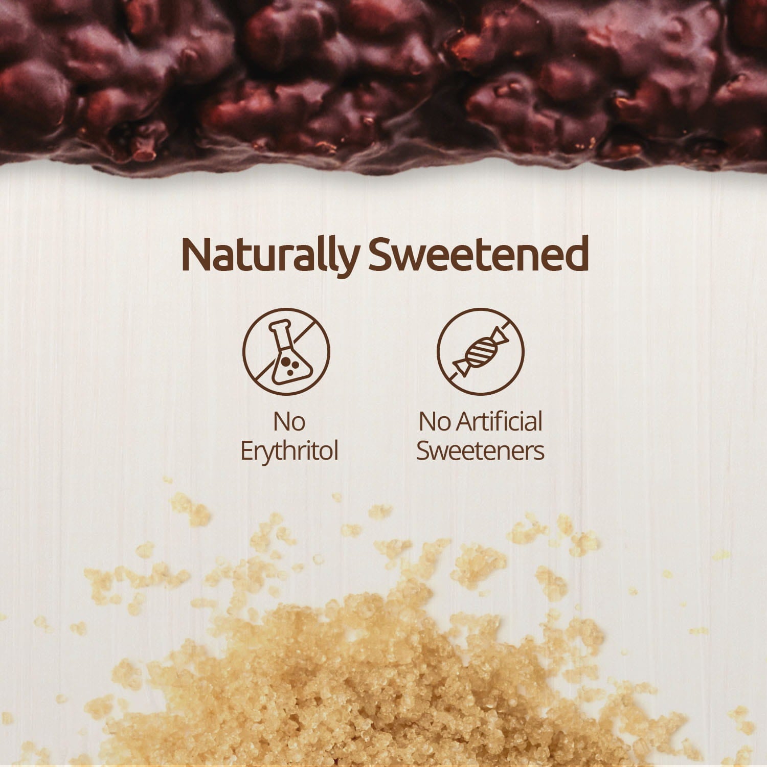 Product packaging with natural sweetener information and images of the bar and brown sugar.