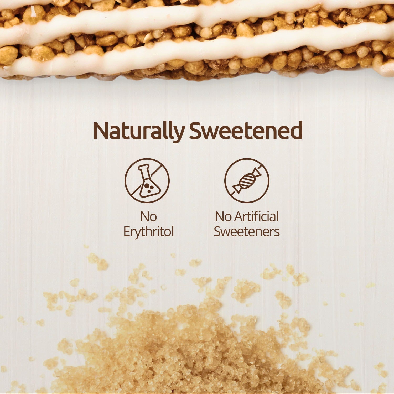 Naturally sweetened product with no erythritol and no artificial sweeteners on a light background.
