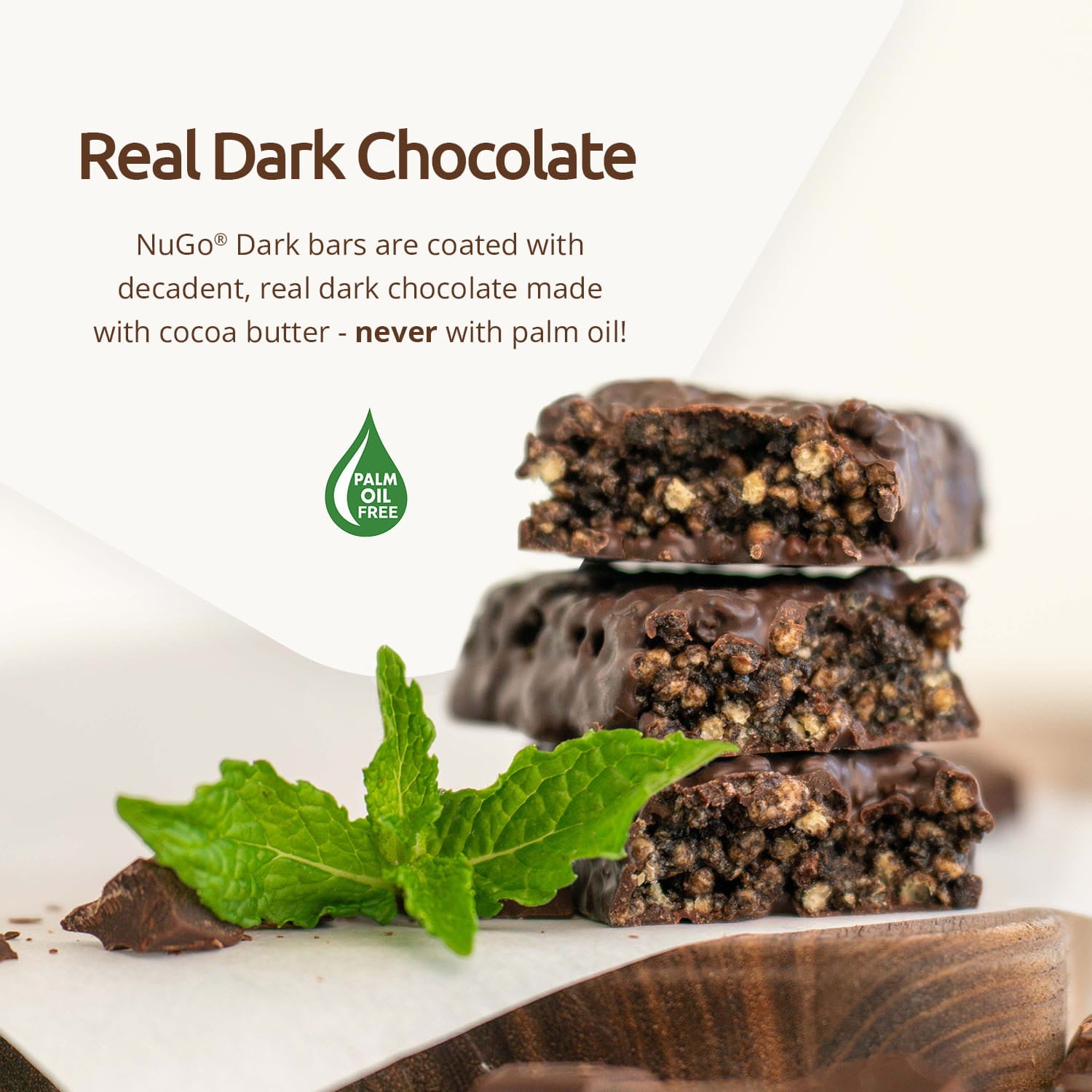 Dark chocolate bars with a mint leaf on a white surface, featuring NuGo brand text.