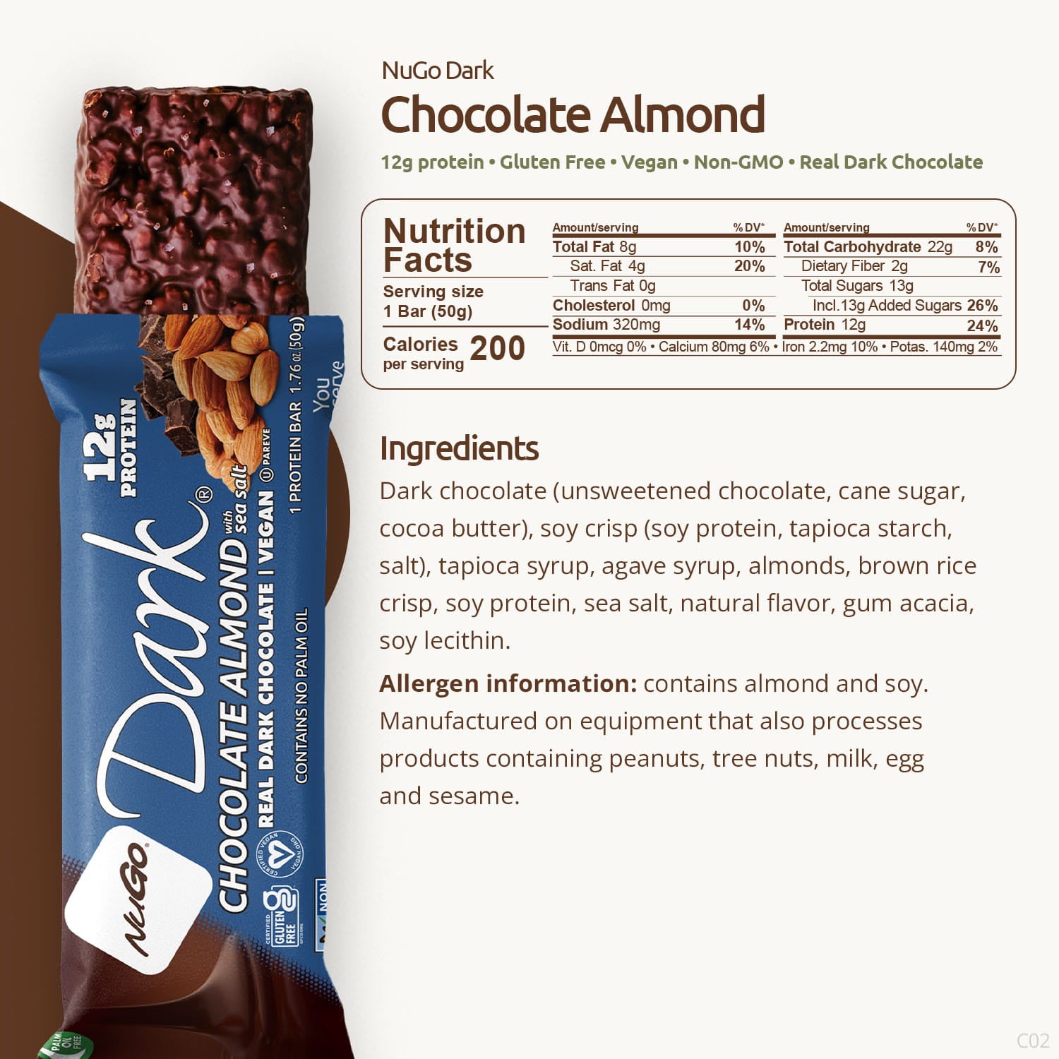NuGo Dark Chocolate Almond protein bar packaging with nutrition facts and ingredients listed.