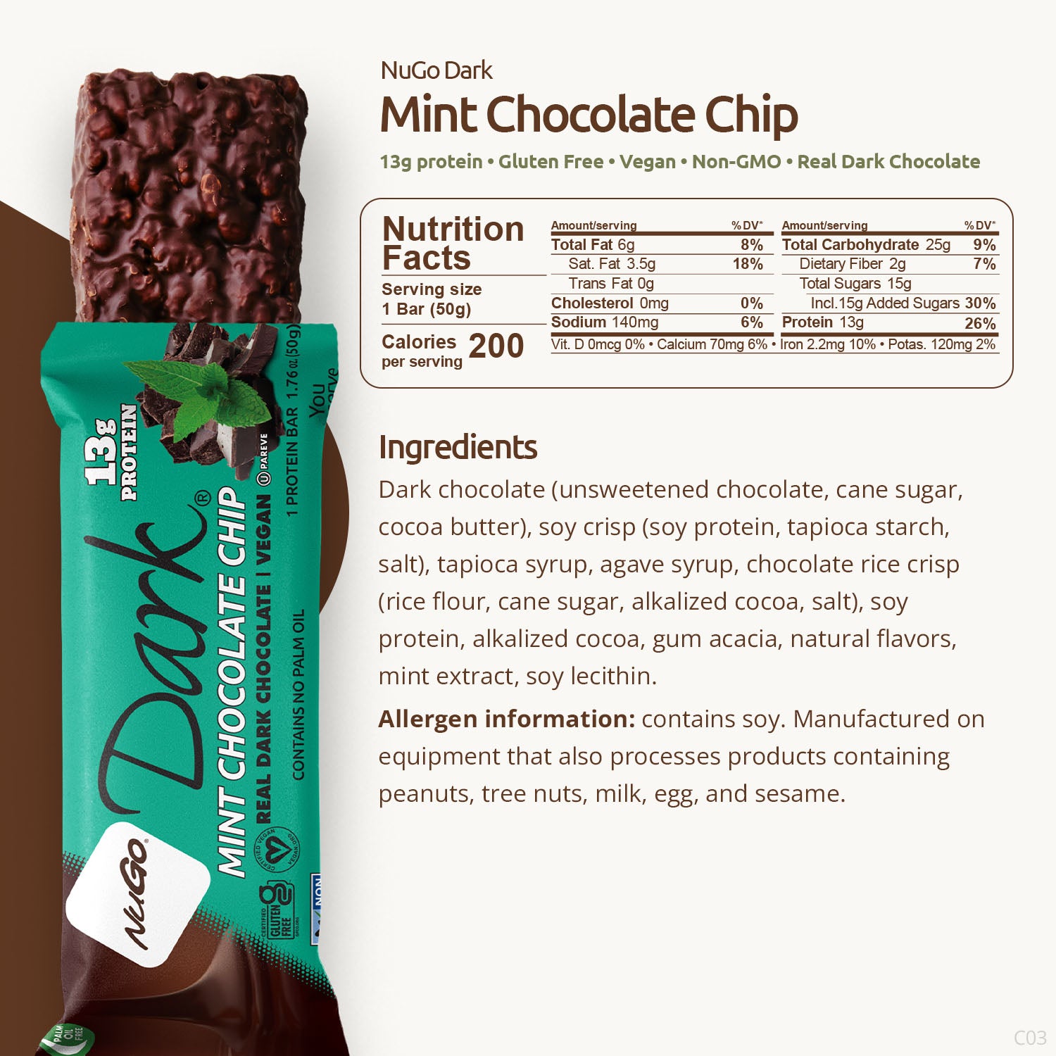 NuGo Dark Mint Chocolate Chip protein bar packaging with nutrition facts and ingredients listed.