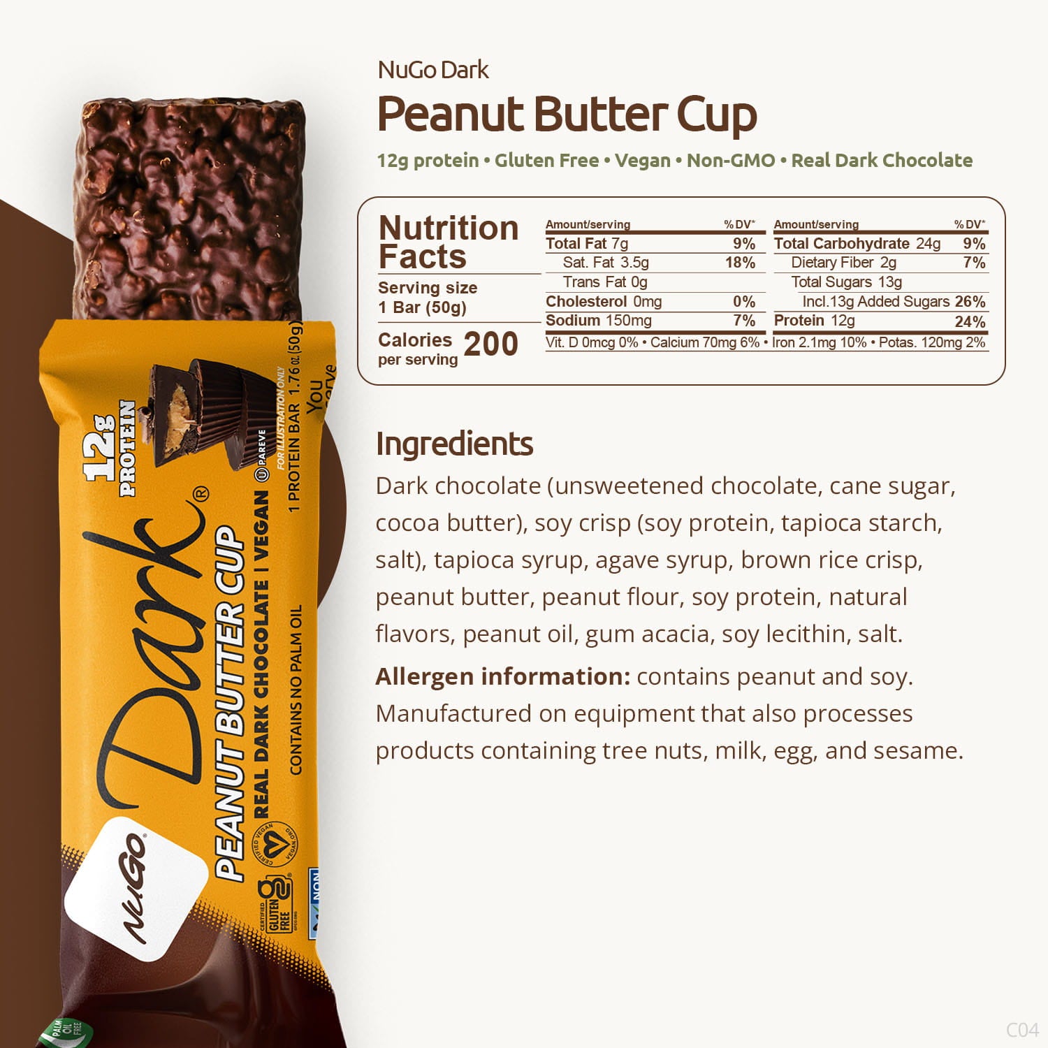 NuGo Dark Peanut Butter Cup packaging with nutrition facts and ingredients listed.