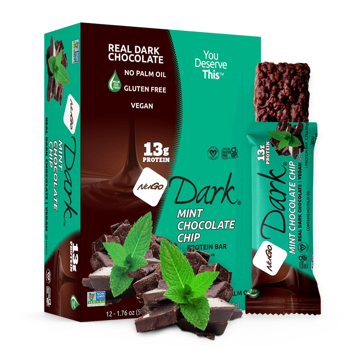 NuGo Dark Mint Chocolate Chip Bar and Box