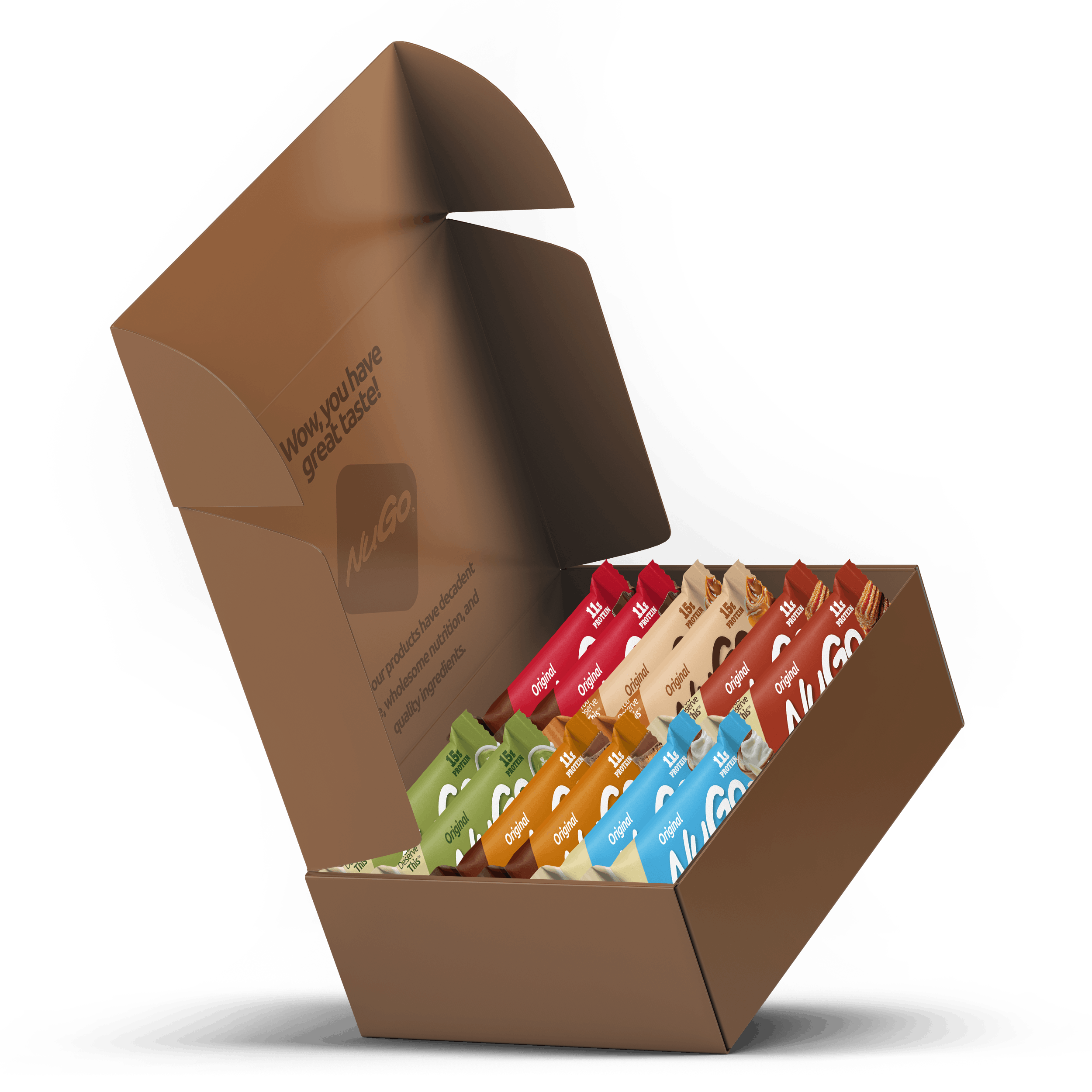 Open brown box with NuGo Original variety pack inside