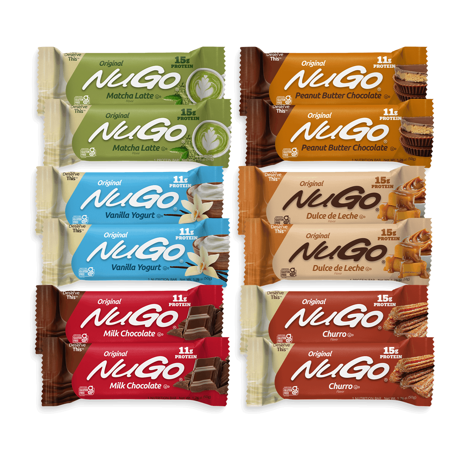 12NuGo protein bars in individually wrapped packaging, arranged in two columns of four. The flavors shown are Matcha Latte, Peanut Butter Chocolate, Vanilla Yogurt, Dulce de Leche, Milk Chocolate, and Churro.