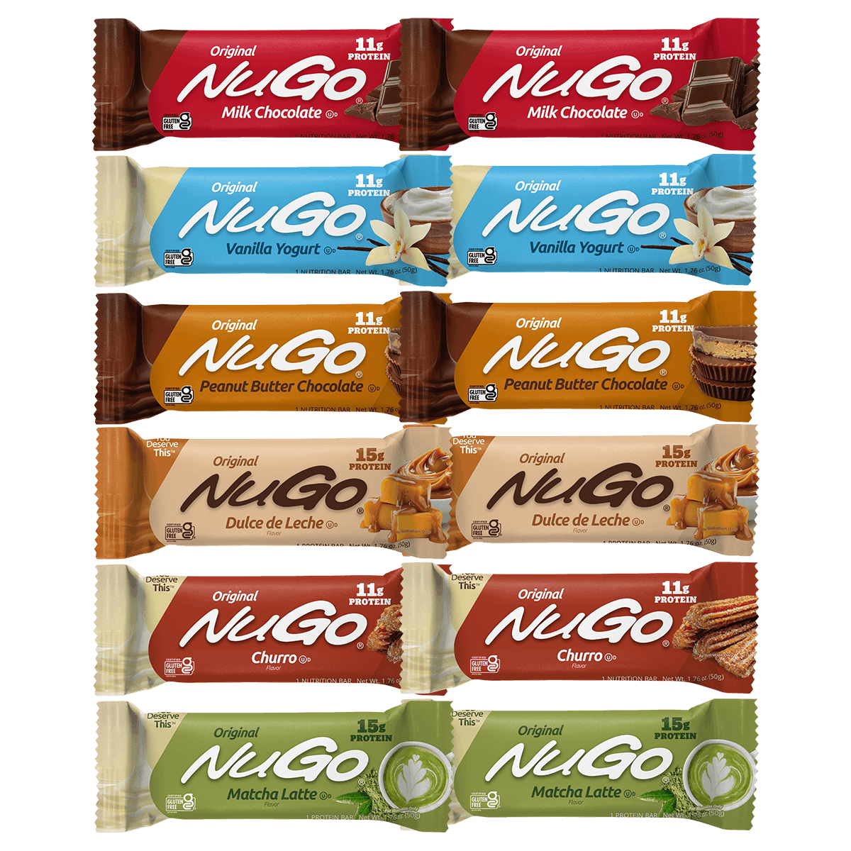 6 varieties of NuGo Original bars included in vthe variety pack