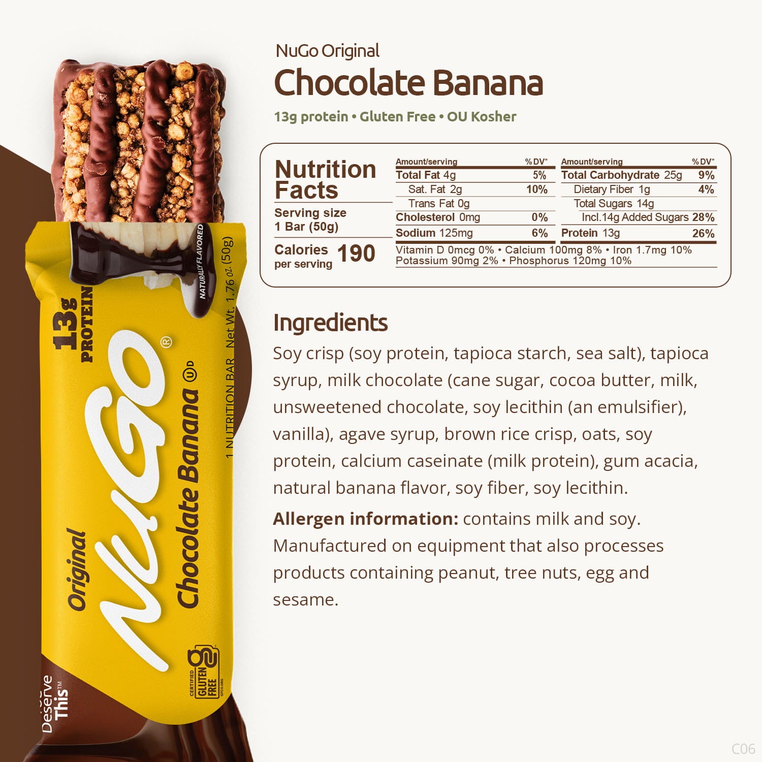 NuGo Chocolate Banana protein bar with nutrition facts and ingredients listed