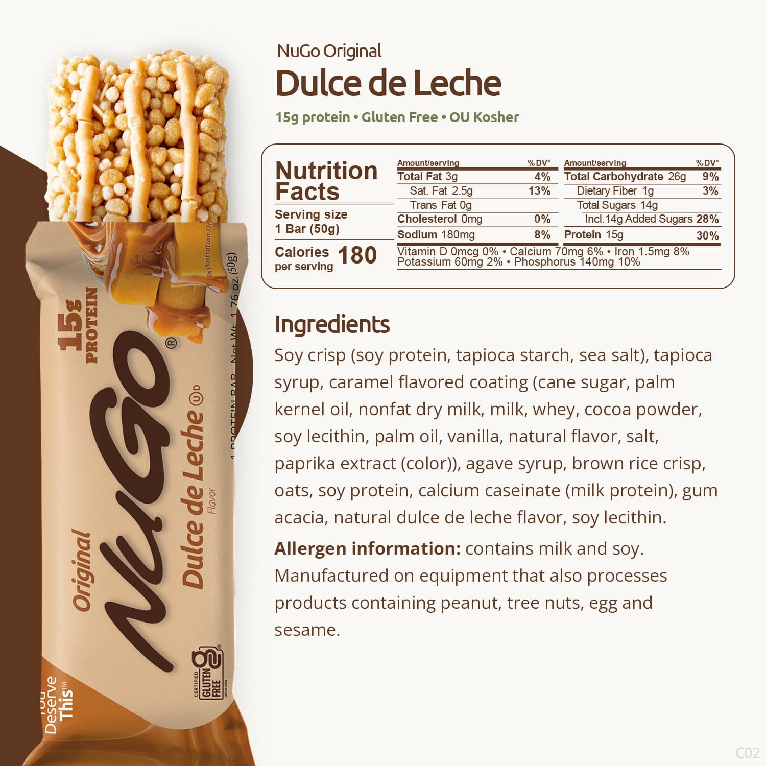 NuGo Dulce de Leche protein bar with nutrition facts and ingredients listed.