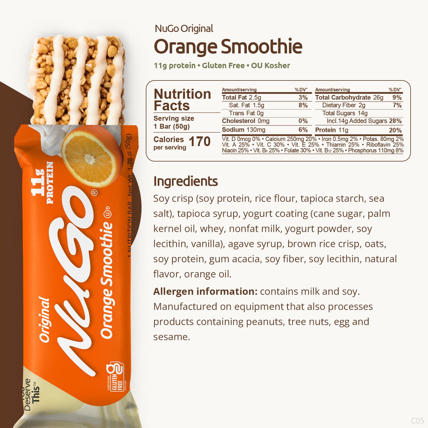 NuGo Orange Smoothie protein bar packaging with nutritional information and ingredients list.