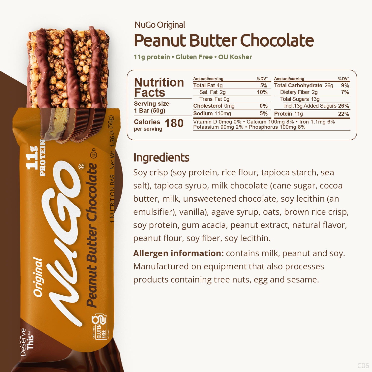 NuGo Peanut Butter Chocolate protein bar with nutrition facts and ingredients listed.