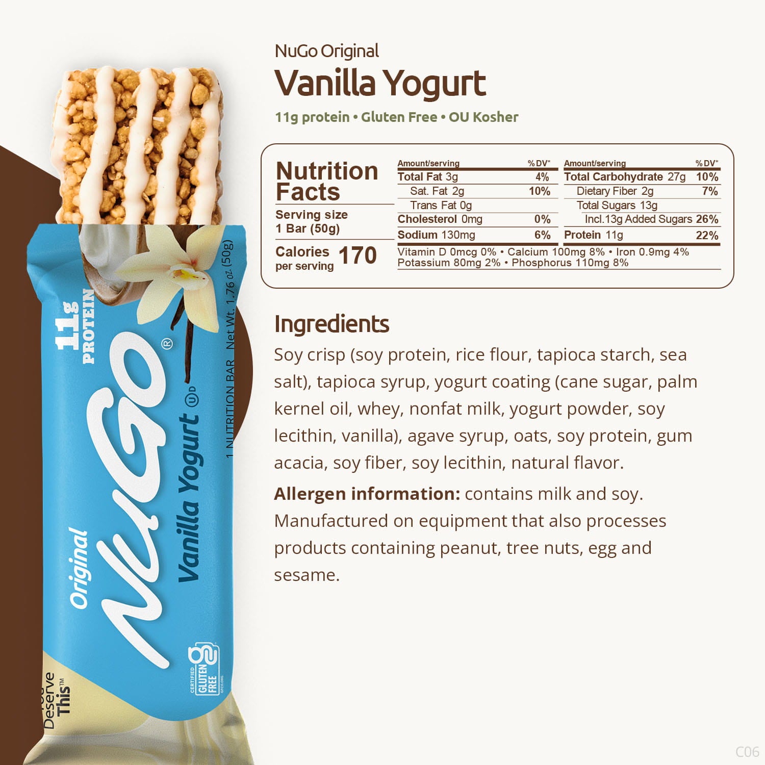 NuGo Vanilla Yogurt protein bar packaging with nutrition facts and ingredients listed.