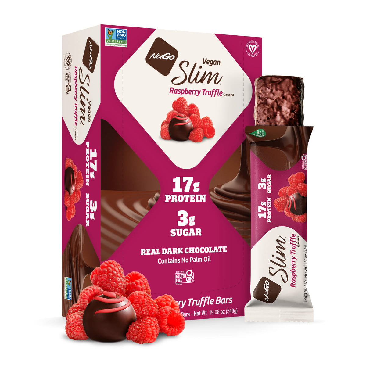 NuGo Slim Raspberry Truffle protein bar packaging
