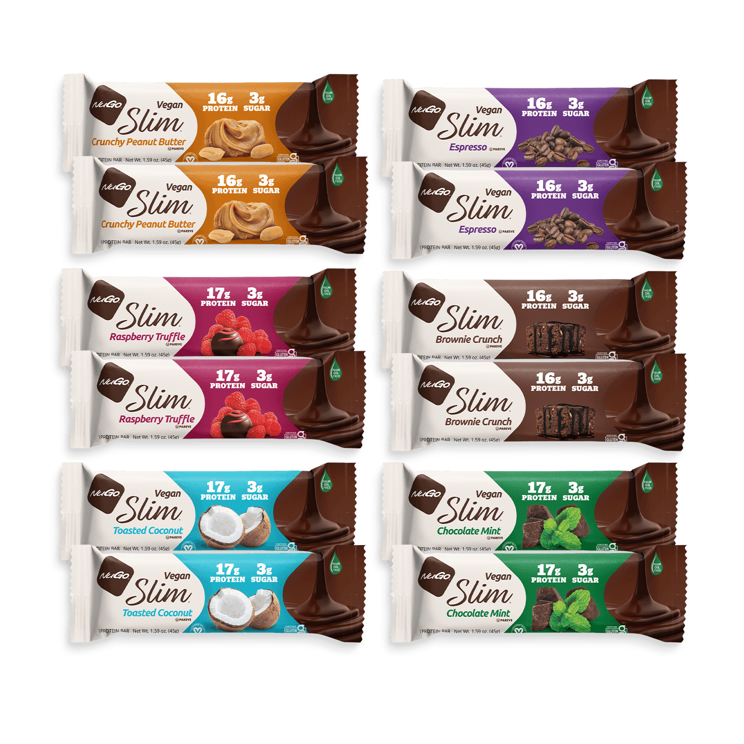 12 NuGo Slim protein bars in assorted flavors, arranged in a grid of three columns and four rows on a plain white background. 