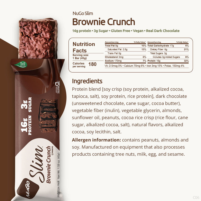NuGo Slim Brownie Crunch protein bar with nutrition facts and ingredients listed.