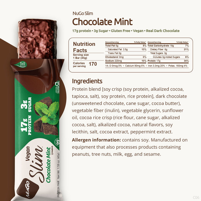 NuGo Slim Chocolate Mint protein bar with packaging, nutrition facts, and ingredients listed.