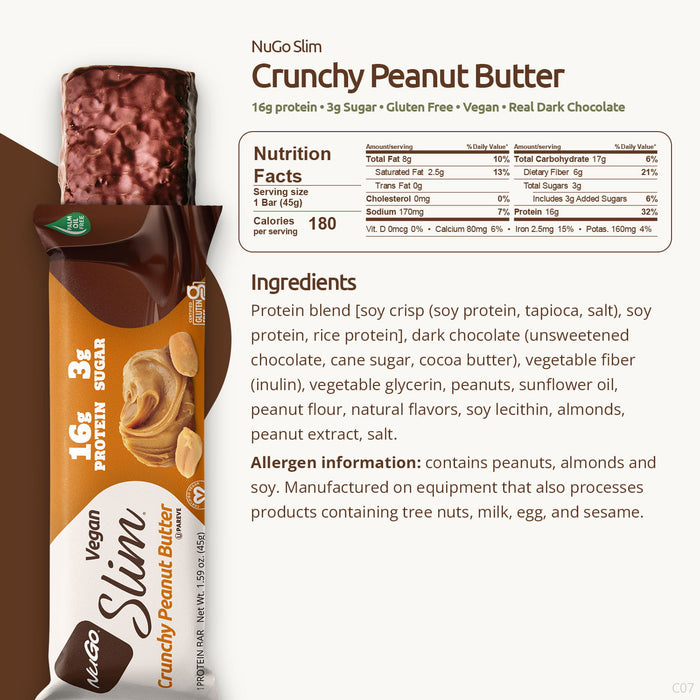 NuGo Slim Crunchy Peanut Butter protein bar packaging with nutritional information and ingredients listed.
