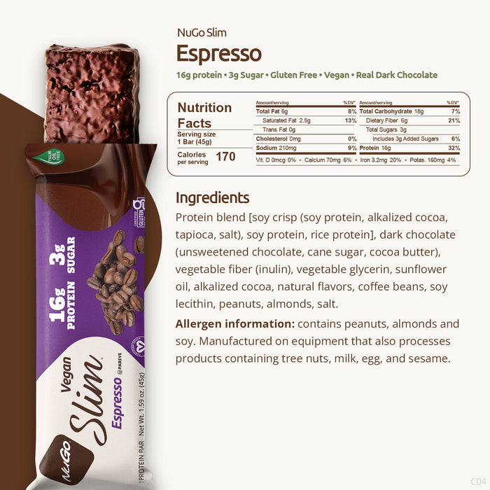 NuGo Slim Espresso protein bar with packaging and nutrition information