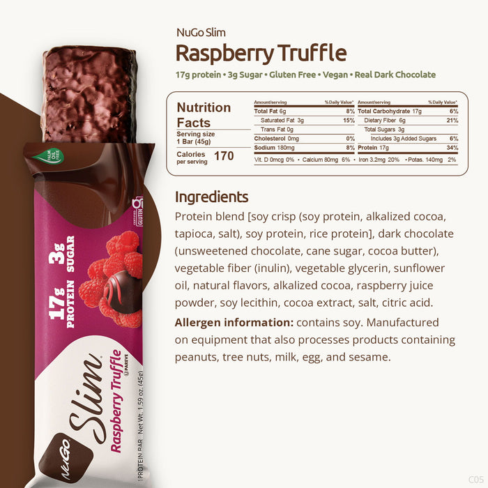 NuGo Slim Raspberry Truffle protein bar packaging with nutrition facts and ingredients listed.