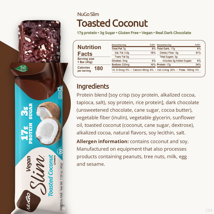 NuGo Slim Toasted Coconut protein bar with nutrition facts and ingredients listed.